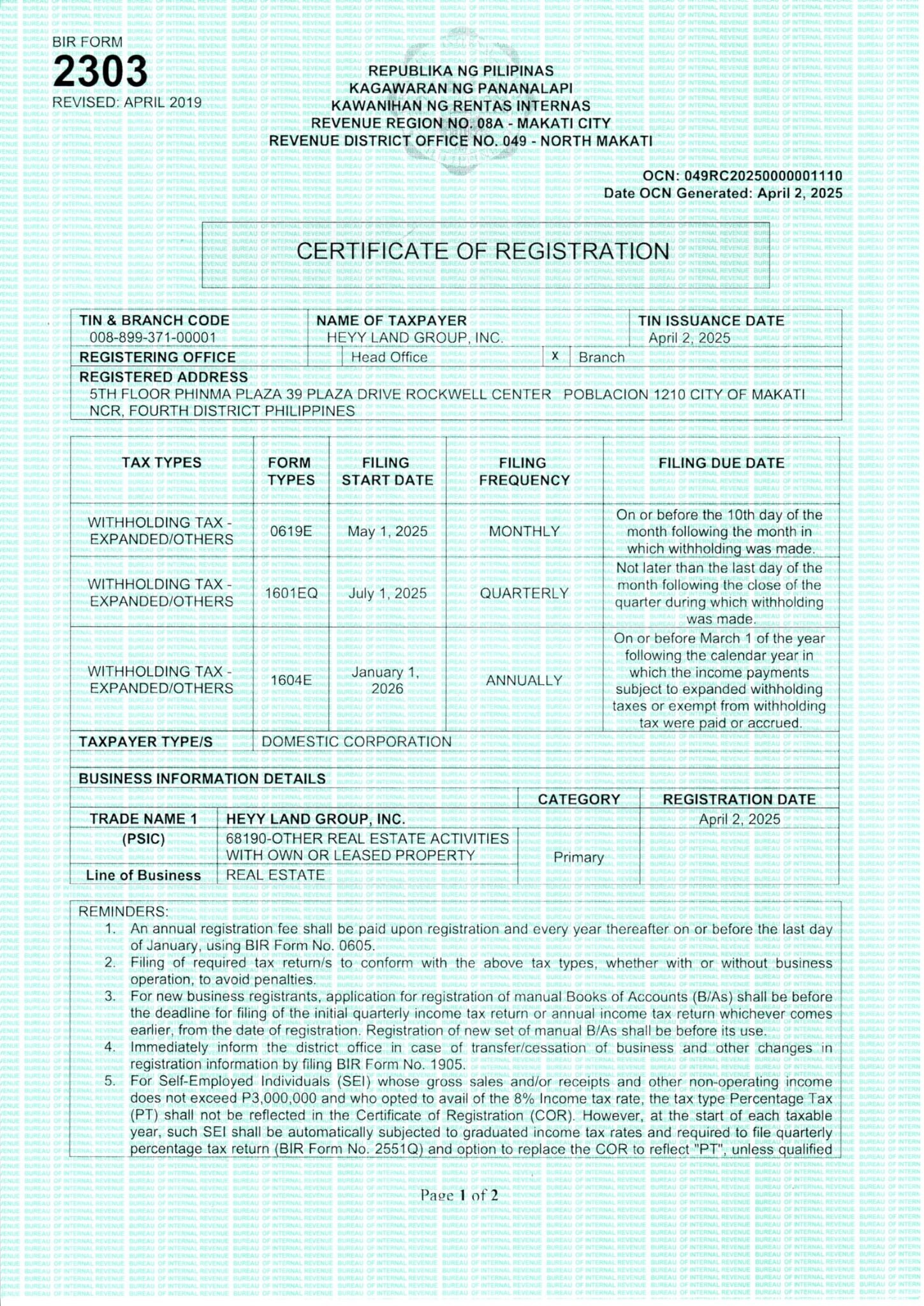 Certificate of Registration
