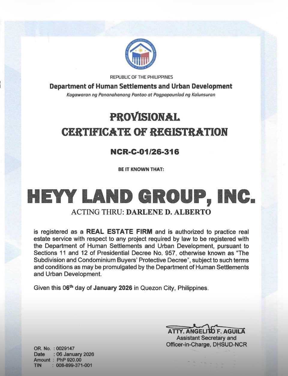 Department of Human Settlement and Urban Development Certificate