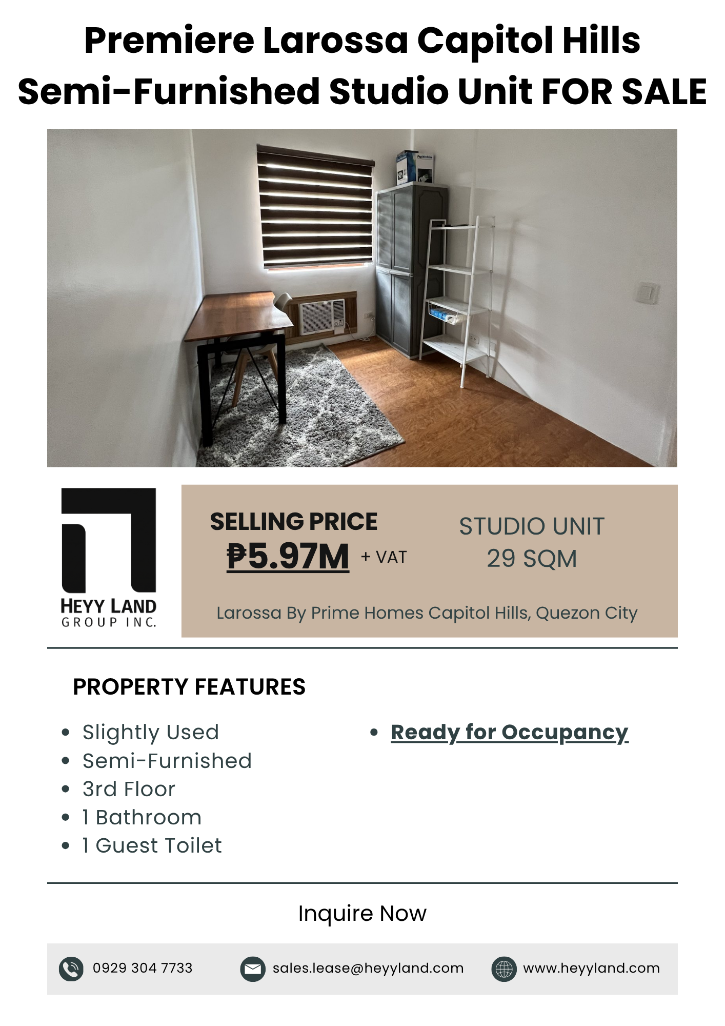 FOR SALE Premiere Larossa Capitol Hills Studio Unit in QUEZON CITY