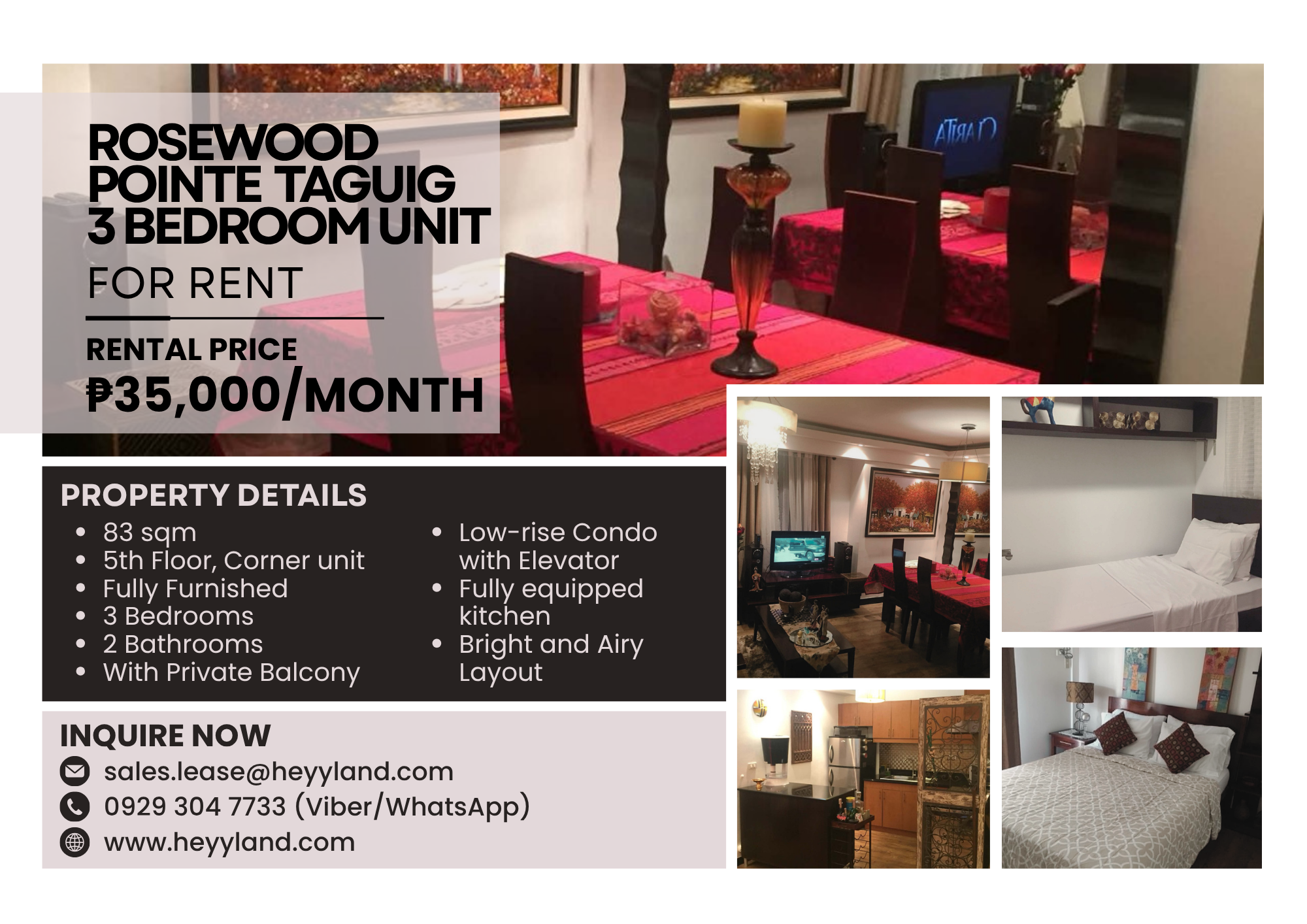 FOR RENT Rosewood Pointe 3 Bedroom Unit in TAGUIG